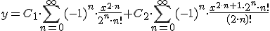 y=C_1\cdot \sum_{n=0}^{\infty}(-1)^n\cdot \frac{x^{2\cdot n}}{2^n\cdot n!}+C_2\cdot\sum_{n=0}^{\infty}(-1)^n\cdot \frac{x^{2\cdot n+1}\cdot 2^{n}\cdot n! }{(2\cdot n)!}