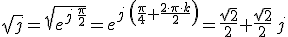 \sqrt{j}=\sqrt{ e^{j\,\frac{\pi}{2}}}=e^{j\,\left(\frac{\pi}{4}+\frac{2\cdot \pi\cdot k}{2}\right)}=\frac{\sqrt{2}}{2}+\frac{\sqrt{2}}{2}\,j